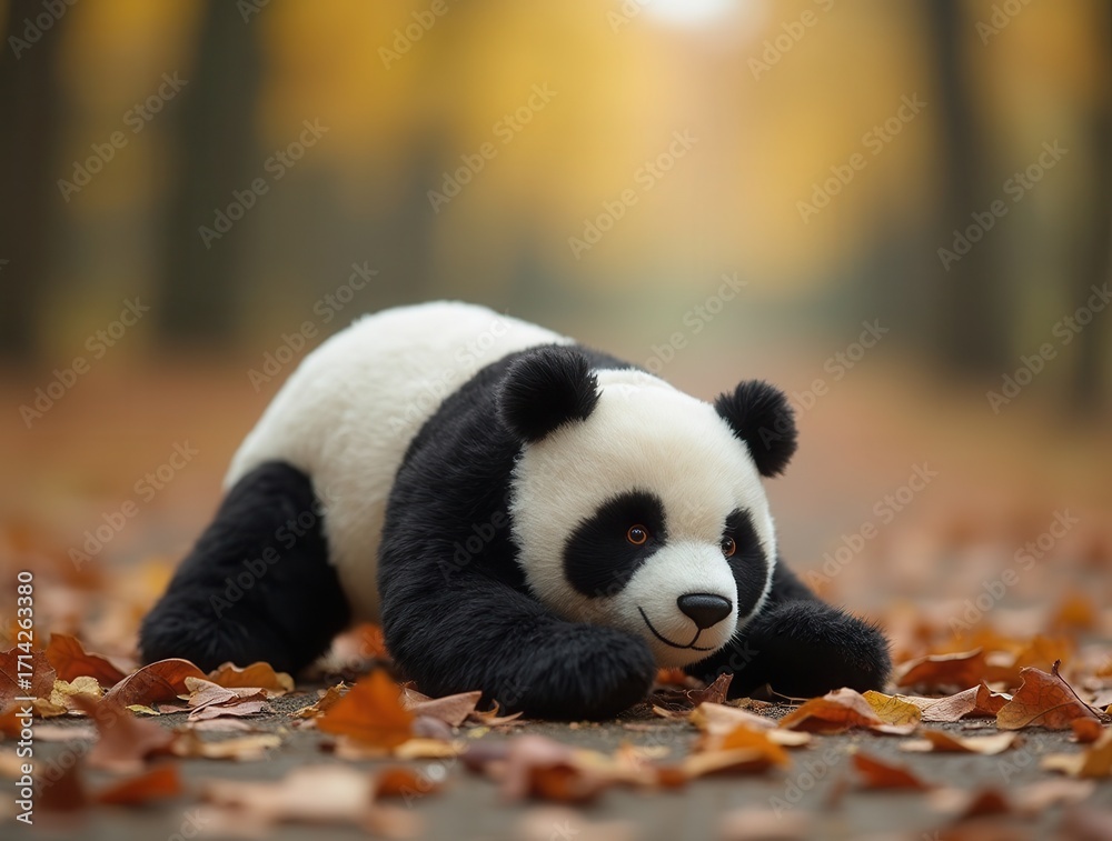 Fototapeta premium Panda toy playing on autumn leaves outdoors