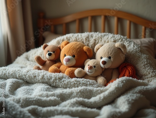Cozy teddy bears resting on bed with blanket