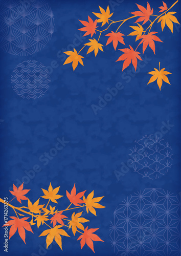 オレンジ、赤の紅葉と和柄の背景_横