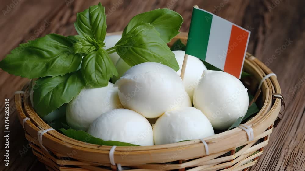 Animated mozzarella cheese balls with fresh basil leaves in wicker basket and Italian flag gently waving authentic Italian dairy food with cinematic smooth motion
