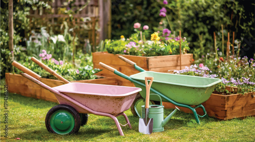 A garden with green grass, wooden raised beds for plants and flowers in the background, 