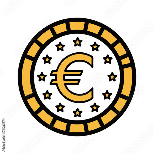 Golden Euro currency coin with stars, representing European finance, wealth, and economic transactions, an iconic symbol of the monetary system for investments and commerce