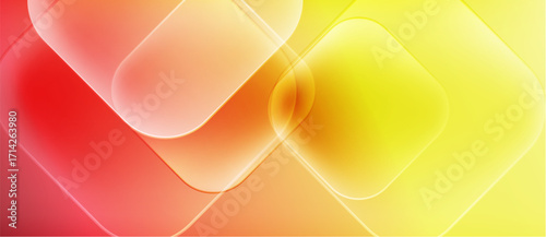 Abstract shapes blend vibrant colors. Red transitions to orange, then yellow. Soft gradients create luminous effect. Modern design.