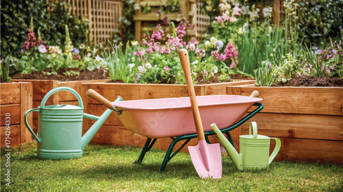 A garden with green grass, wooden raised beds for plants and flowers in the background,
