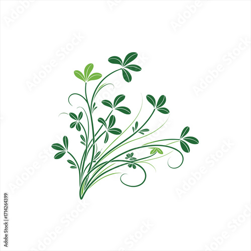 Green clover floral design with swirling stems and leaves