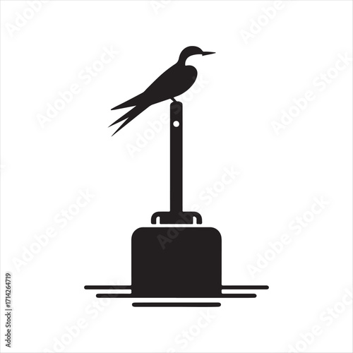 Buoy with seabird perched on top silhoutte outline logo design concept illustration
