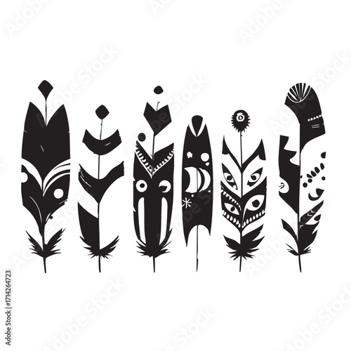 Bohemian Feather Tattoo Set Vector — Black and White Silhouettes with Tribal, Mystical, and Geometric Symbolic Designs
