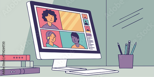 Engaging virtual meeting shown on a modern computer screen, connecting people remotely for business