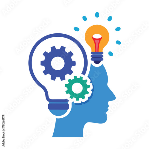 Human head profile with gears and a lightbulb, symbolizing innovation and thought process silhouette