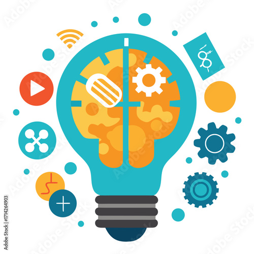 Lightbulb Brain Idea Innovation Technology Concept With Gears And Icons vector illustration