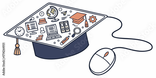 Explore online courses and modern education with this engaging illustration of a graduation cap and mouse