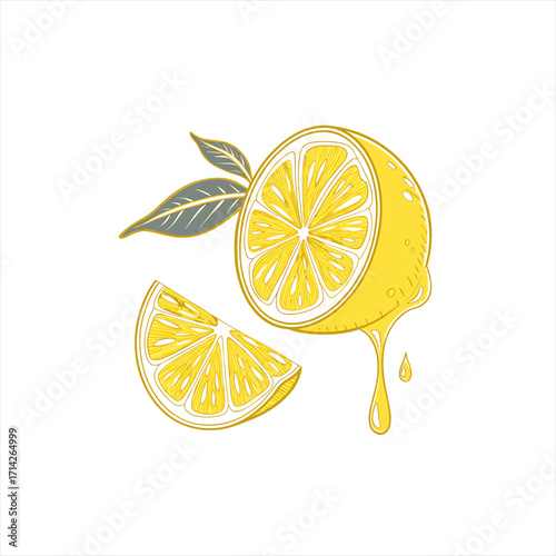 Juicy lemon slice and half with dripping juice and leaves