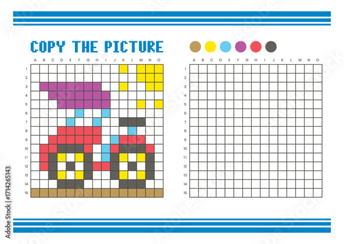 Copy the picture grid drawing worksheet for kids. Pixel art pedicab