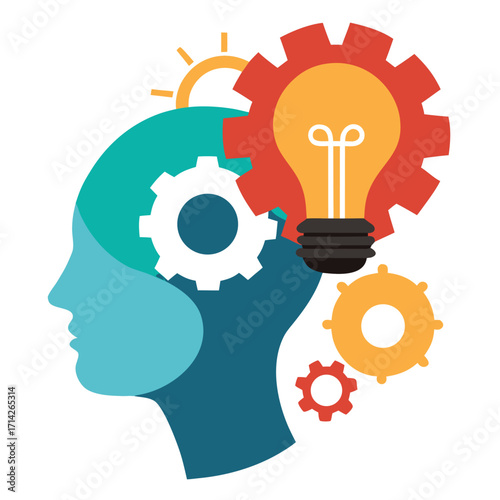 Stylized human head with gears and a lightbulb, representing creative thinking and ideas silhouette profile