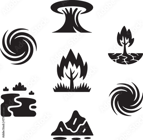 Natural disasters icons set for environmental themes