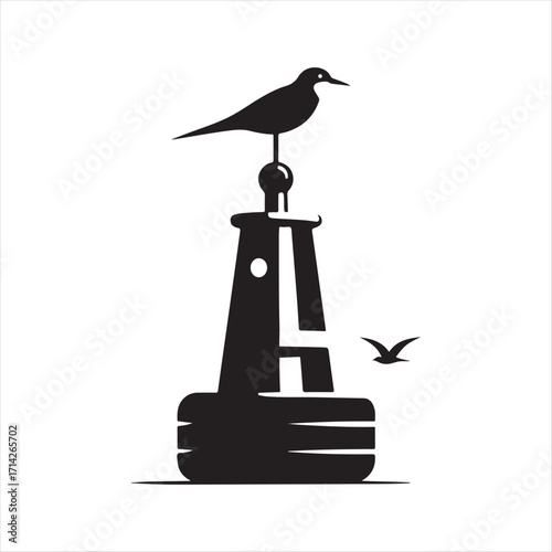 Buoy with seabird perched on top silhoutte outline logo design concept illustration