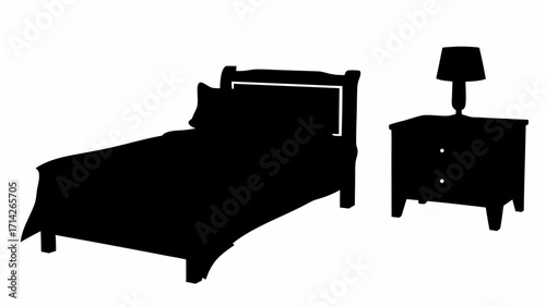 Silhouette illustration of a bed with pillow and a nightstand with a lamp on top in a simple bedroom setup