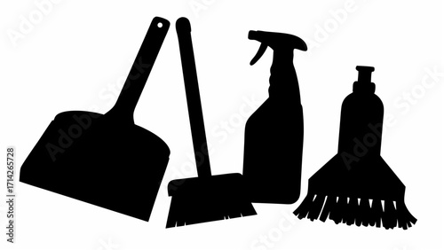 Silhouette of cleaning supplies including a dustpan broom spray bottle and scrub brush arranged together
