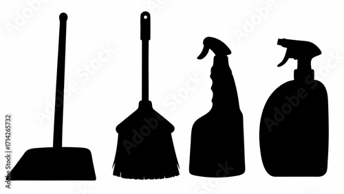 Silhouette of cleaning supplies including a broom dustpan and two spray bottles in a row on white backdrop