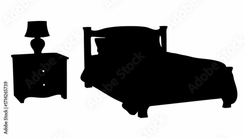 Silhouette of a bed with a pillow and a nightstand with a lamp in a bedroom interior design scene