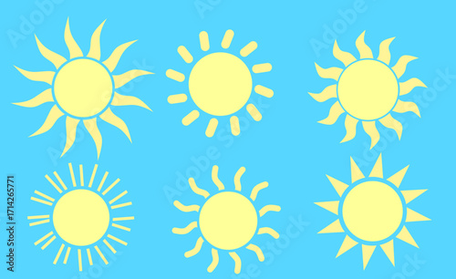 Vector illustration of six yellow sun icons with different ray styles on a blue background. Simple and bright sun symbols perfect for summer design, weather forecast icons, children’s illustrations, l