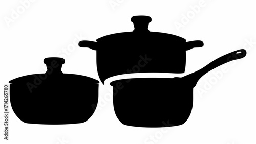 Silhouette illustration of a set of kitchen cookware including pots pans and lids in black and white color
