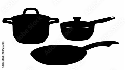 Silhouette illustration showing a stock pot saucepan and frying pan kitchen utensils cooking equipment design
