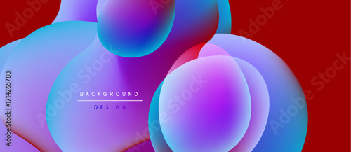 Abstract colorful bubbles overlap red backdrop. Modern design elements create vibrant visual experience. Smooth gradients enhance depth.