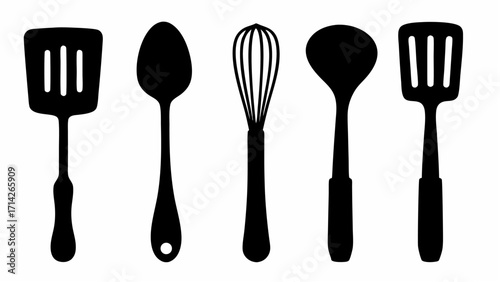 Five kitchen utensils in silhouette including two spatulas a spoon a whisk and a serving spoon shown in a row