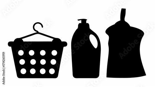 Silhouette of laundry basket with hanger detergent bottle and tank top for cleaning and washing clothes