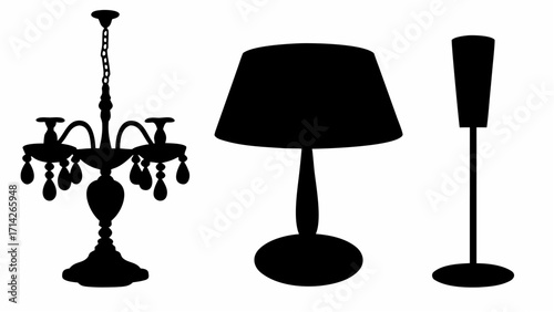 Silhouette of a chandelier with crystals a table lamp and a floor lamp on a white background view