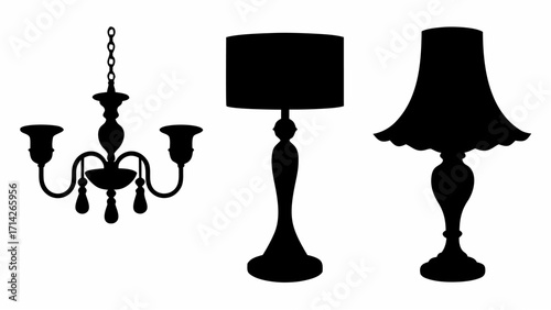 Silhouette illustration of a chandelier and two lamps with different designs on a white background