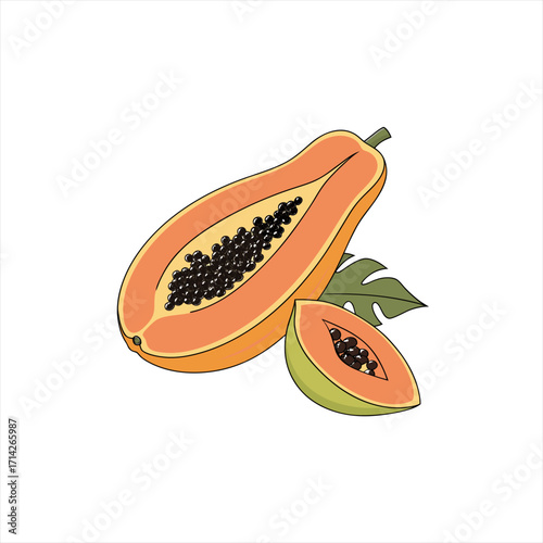 Illustration of a ripe papaya fruit cut in half with seeds and a slice