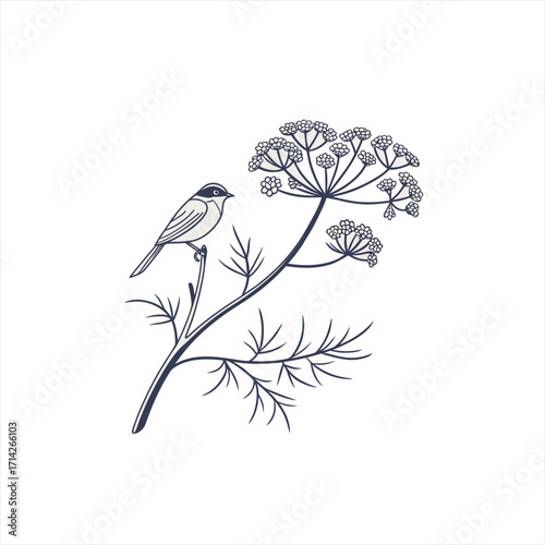 Minimalist illustration of a small bird perched on a dill plant branch