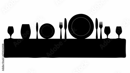 Silhouette of a table setting with plates cutlery and glasses arranged for a formal dinner setting scene