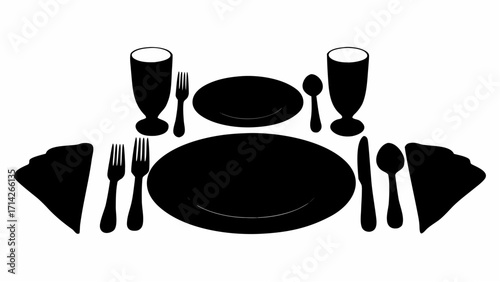 A formal table setting with plates, silverware, glasses, and napkins arranged symmetrically on a table silhouette