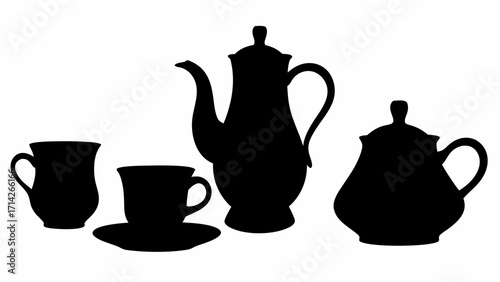 Silhouette of a coffee set including a tall coffee pot cups and a sugar bowl on a white background