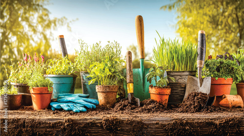 A panoramic view of an outdoor garden with various plants in pots, gardening tools like shovels and trowels against a background banner for spring or summer events or advertising 