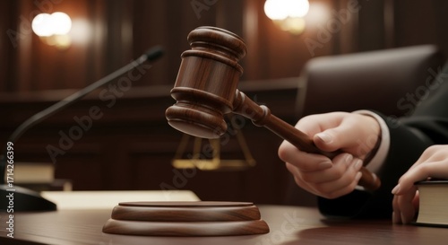 Judge's Gavel Descending in a Courtroom Setting, Symbol of Justice