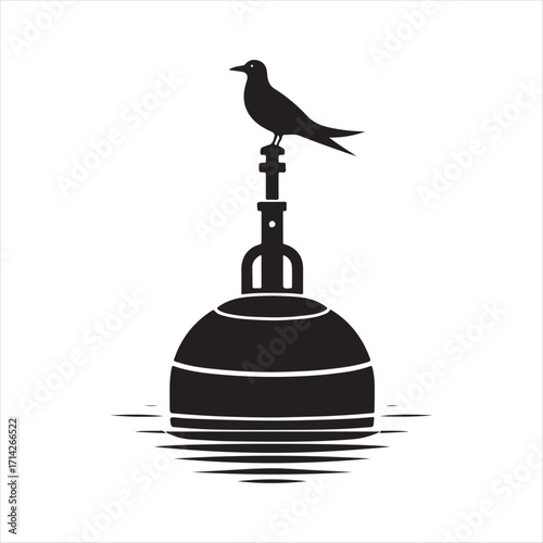 Buoy with seabird perched on top silhoutte outline logo design concept illustration