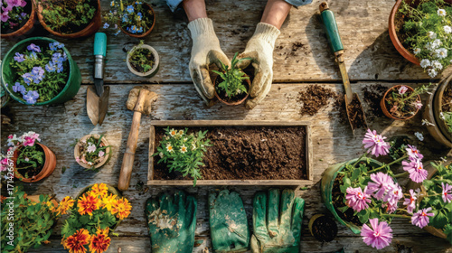 A photo of gardening tools and flower seedlings arranged on the table, with flowers in pots surrounded by gloves and soil, creating an atmosphere for planting. 