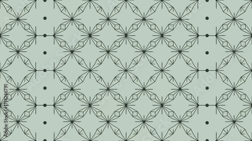 A repeating pattern of diamond shapes with starbursts and dots on a light green background design art