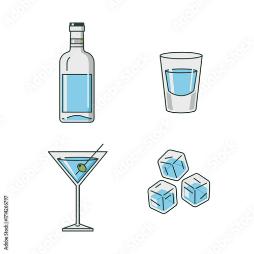 Cocktail Icons Martini, Vodka, Ice, and Shot Glass