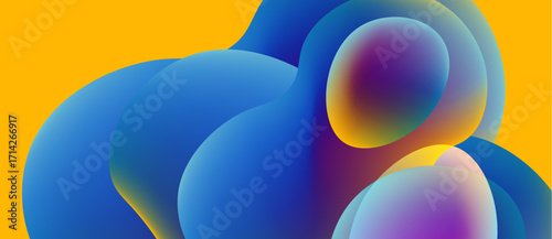 Abstract fluid shapes blend, vibrant colors create dynamic composition. Orange background contrasts cool blues, purples. Smooth gradients suggest movement.