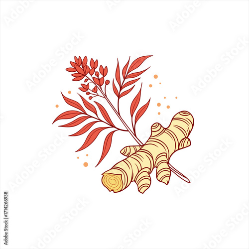 Hand drawn illustration of ginger root and red leaves on white background