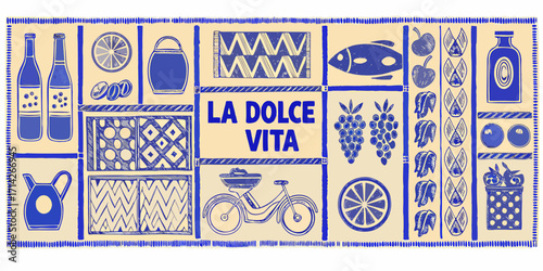 La dolce vita italian lifestyle collage featuring food drink and bicycle in blue and beige
