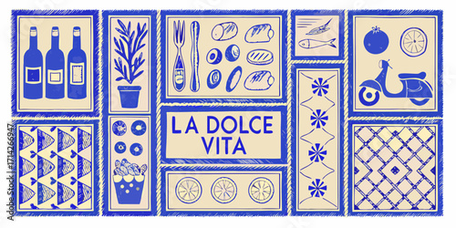La dolce vita italian lifestyle collage featuring food wine scooter and decorative tiles