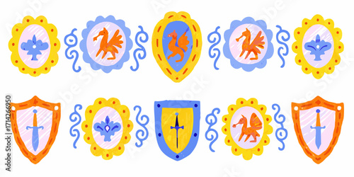 Whimsical hand drawn medieval border design with shields dragons and fleur de lis