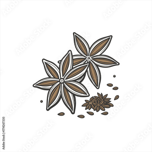 Illustration of two star anise pods and scattered seeds on a white background