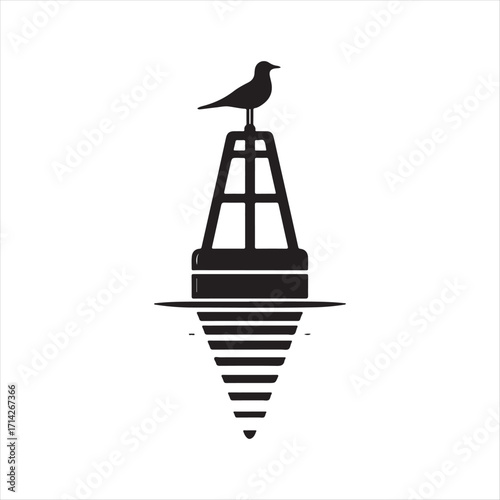 Buoy with seabird perched on top silhoutte outline logo design concept illustration